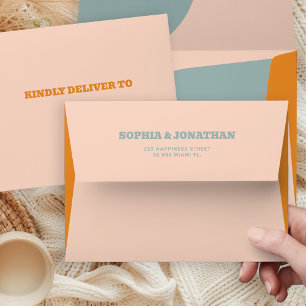 Modern retro bold groovy pink dusty blue wedding envelope