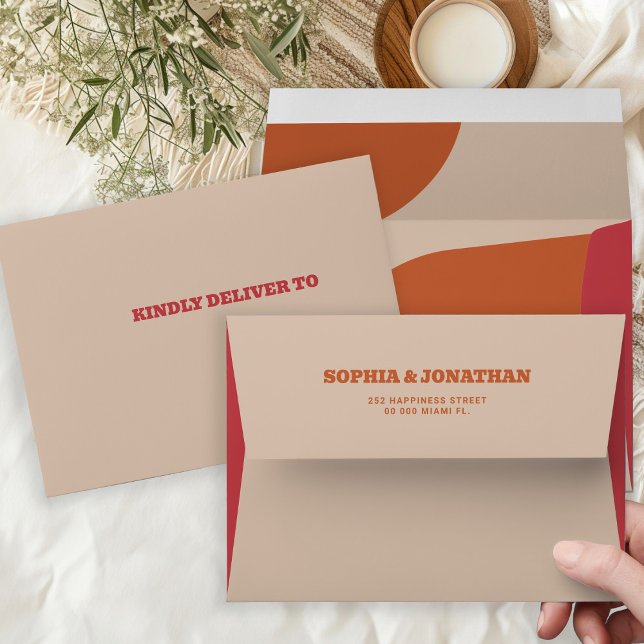 Modern retro bold groovy red orange beige wedding envelope (Creator Uploaded)