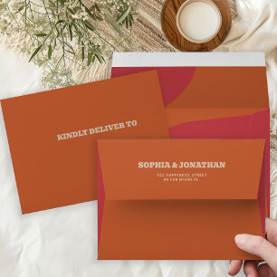 Modern retro bold groovy red orange wedding envelope