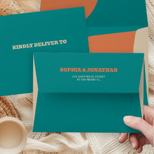 Modern retro bold groovy teal orange wedding envelope