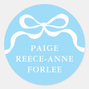 Modern Retro Boy Blue Bow Baby Birth Announcement Classic Round Sticker