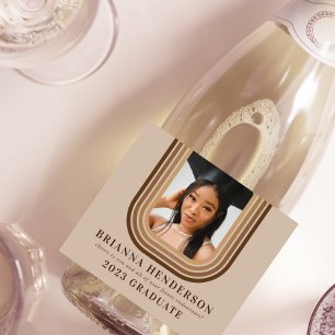Modern Retro Brown and Neutral Graduation Sparkling Wine Label