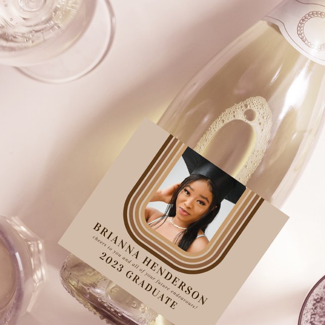Modern Retro Brown and Neutral Graduation Sparkling Wine Label (Creator Uploaded)