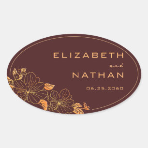 Modern Retro Burgundy & Gold Floral Wedding Oval Sticker