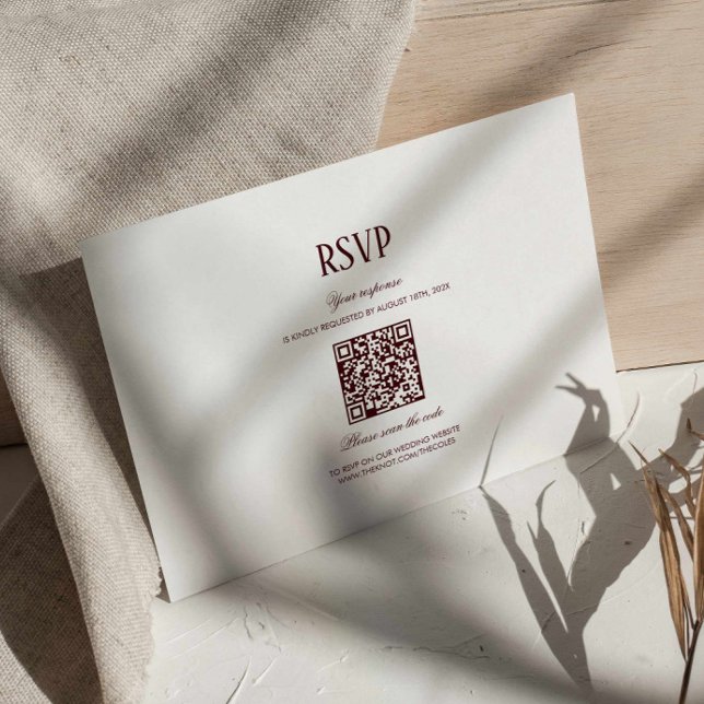 Modern Retro Burgundy Wedding QR Code RSVP Enclosure Card (modern retro burgundy qr code wedding response card, deep maroon classy wedding rsvp card )