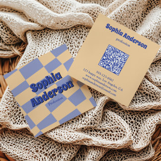 Modern Retro Checkerboard Qr Code Square Business Card