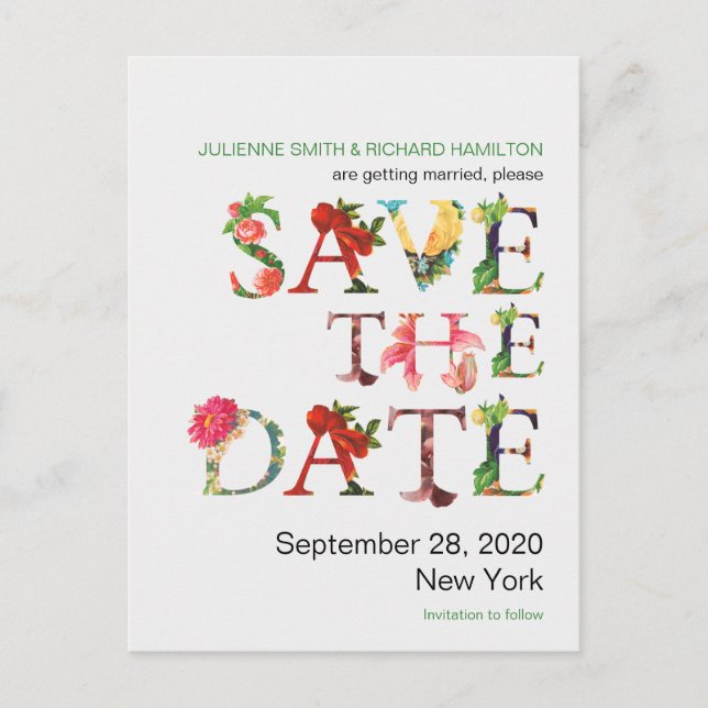 Modern Retro Colourful Flowers Save the Date Announcement Postcard (Front)