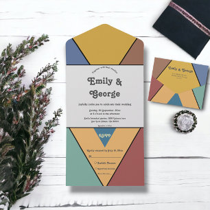 Modern Retro Colourful Groovy Abstract Art Wedding All In One Invitation