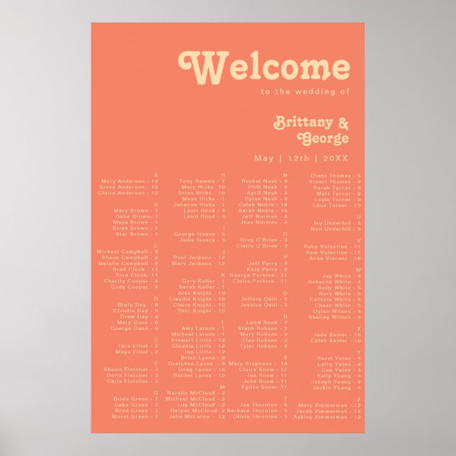 Modern Retro | Coral Alphabetical Seating Poster (Front)