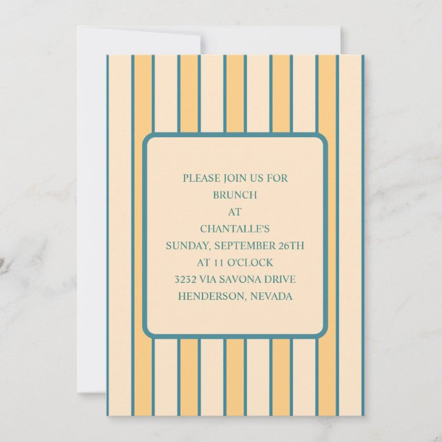 Modern Retro Coral and Green Stripe Invitation (Front)