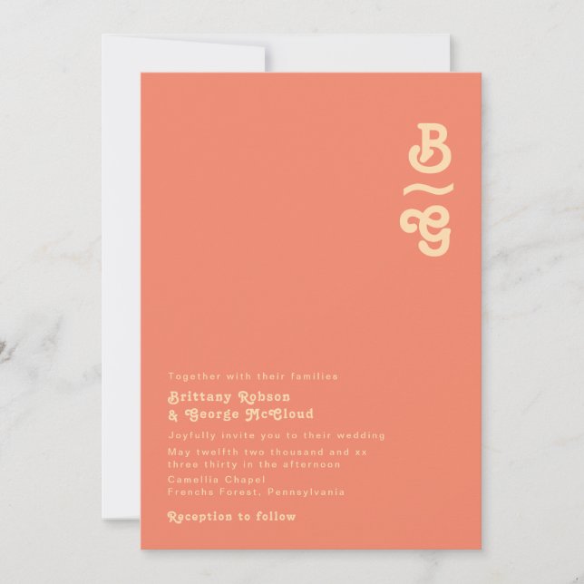 Modern Retro | Coral Monogram Wedding Invitation (Front)