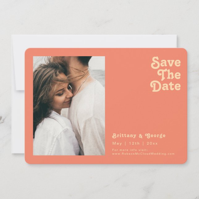 Modern Retro | Coral Photo Horizontal Rounded Edge Save The Date (Front)