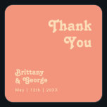 Modern Retro | Coral Thank You Wedding Favour Square Sticker<br><div class="desc">This modern retro | coral thank you wedding favour square sticker is perfect for your simple vintage, colourful tropical boho summer wedding. Its unique bohemian mid-century font gives this design a classic minimalist groovy hippie vibe. If you're looking for a design that features bright, bold colours for your creative 70's...</div>