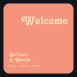 Modern Retro | Coral Wedding Welcome Square Sticker<br><div class="desc">This modern retro | coral wedding welcome square sticker is perfect for your simple vintage, colourful tropical boho summer wedding. Its unique bohemian mid-century font gives this design a classic minimalist groovy hippie vibe. If you're looking for a design that features bright, bold colours for your creative 70's beach wedding,...</div>