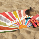 Modern Retro Custom Name Fun Vintage Rainbow Beach Towel<br><div class="desc">Introducing the Custom Name Beach Towel with a Modern Retro Fun Vintage Rainbow Sun Burst Illustration - the perfect addition to your summer! This towel is a unique and personalised piece that features a vibrant and colourful sunburst design, reminiscent of the retro aesthetic of the 60s and 70s. The rainbow-coloured...</div>