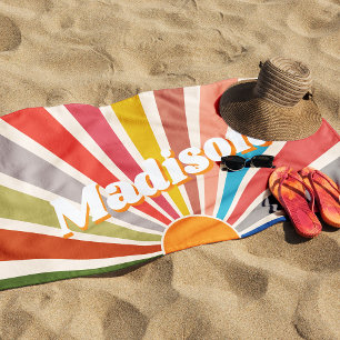 Modern Retro Custom Name Fun Vintage Rainbow Beach Towel