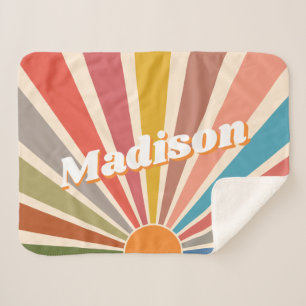Modern Retro Custom Name Fun Vintage Rainbow Sherpa Blanket