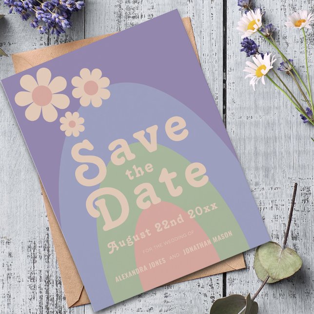 Modern Retro Daisy Arch Wedding Invitation Postcard (Retro daisy arch groovy typography pastel wedding save the date budget postcard invitation )