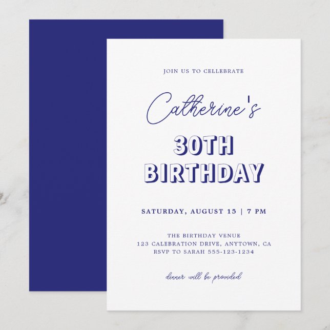 Modern Retro Dark Blue 30th Birthday Party Invitation (Front/Back)