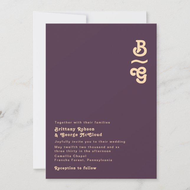 Modern Retro | Dark Purple Monogram Wedding Invitation (Front)