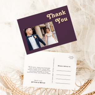 Modern Retro   Dark Purple Photo Wedding Thank You Postcard