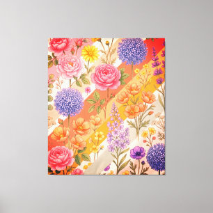 Modern Retro Diagonal Stripe & Watercolor Garden Canvas Print