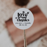 Modern Retro Editable Wedding Thank You Classic Round Sticker<br><div class="desc">Thank your guests in style with these Modern Retro “Love and Thanks” wedding thank you stickers. With a simple black and white design, these stickers can be easily edited to fit any colour palette. Perfect for sealing wedding favour bags or tucking into thank-you cards, these stickers are a great way...</div>