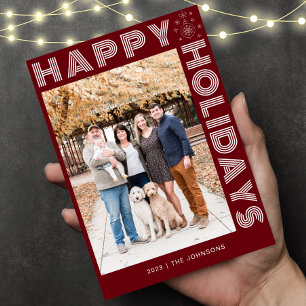 Modern Retro Elegant One Photo Custom Dark Red Holiday Card
