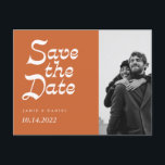 Modern Retro Fall Wedding Save the Date Announceme Announcement Postcard<br><div class="desc">A whimsical and modern Save the Date invitation featuring an easily customisable front and back design. The design displays a retro seventies font on a burnt orange background and minimal details for the contemporary and cool modern aesthetic. Easily replace the photo on the front of the design and customise the...</div>