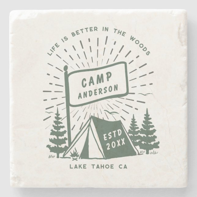 Modern Retro Family Camping Fun Outdoor Stone Coaster (Front)