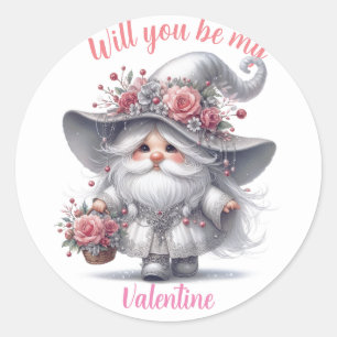 Modern retro floral basket cute valentine gnome classic round sticker