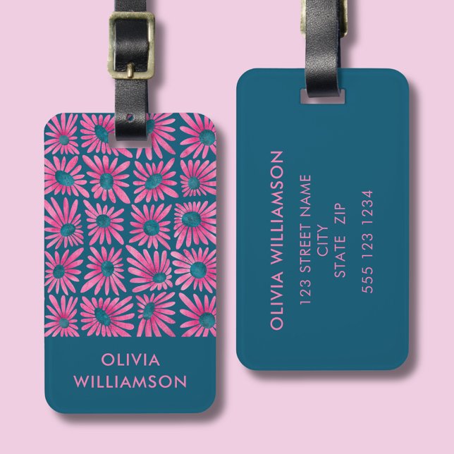 Modern retro floral block print luggage tag (Modern Pink retro floral daisy block print luggage tag with customizable details.)