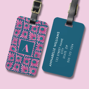 Modern retro floral block print luggage tag