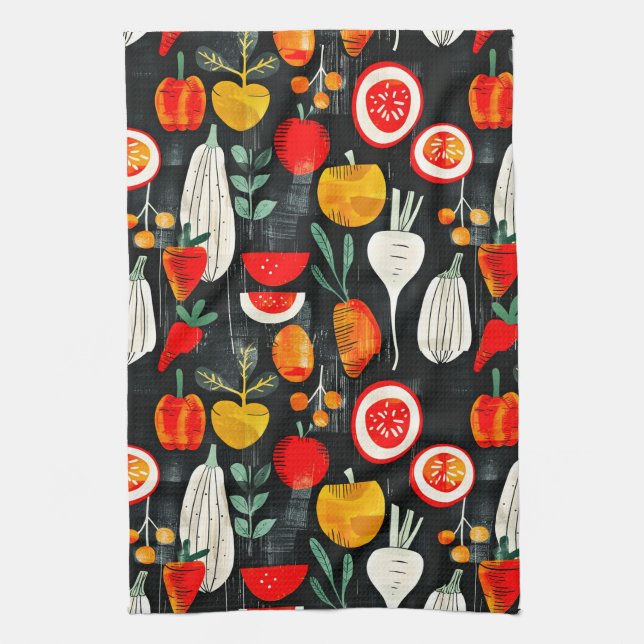 Modern Retro Fruit and Veg on Black Pattern Tea Towel (Vertical)