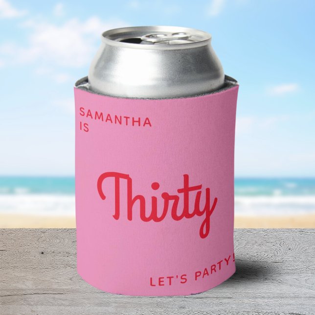 Modern Retro Fun Bright Personalized 30 birthday Can Cooler (personalised 30th birthday party drink cooler in a colorful bright retro font in pink and red)