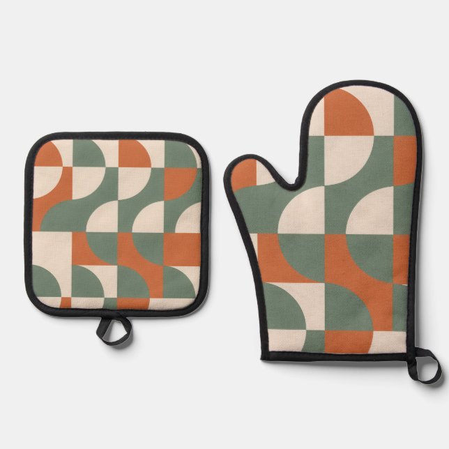 Modern Retro Geometric Oven Mitt & Pot Holder Set (Front)