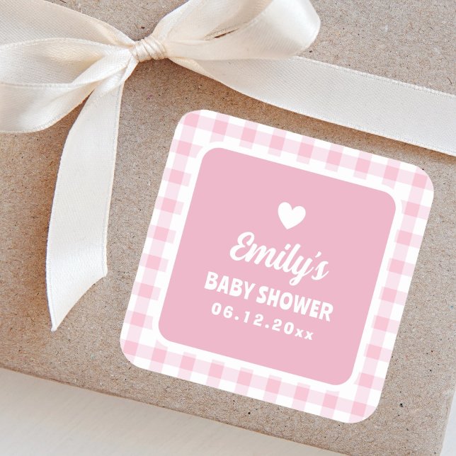 Modern Retro Girly Pink Gingham Girl Baby Shower Square Sticker (Creator Uploaded)