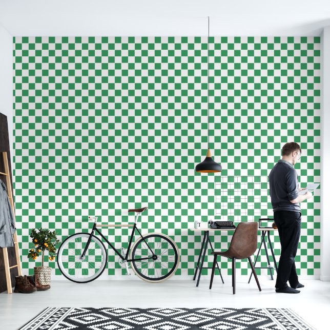 Modern Retro green and white chequered pattern Wallpaper (Living Room)