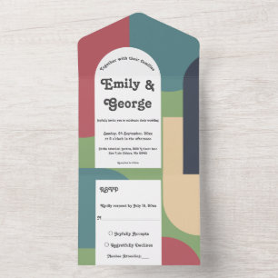 Modern Retro Groovy Colourful Abstract Art Wedding All In One Invitation
