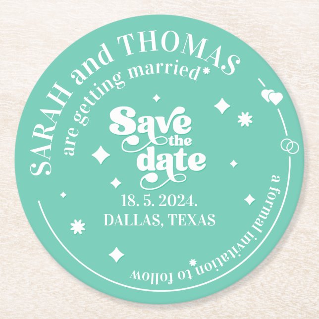 Modern Retro groovy green 70s wedding sve the data Round Paper Coaster (Front)