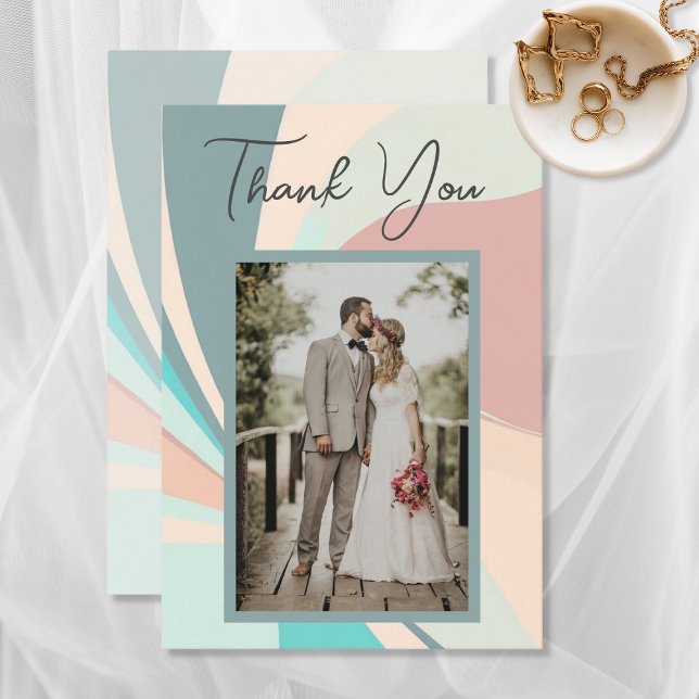 Modern Retro Groovy Peach Teal & Aqua Wedding Thank You Card (Creator Uploaded)