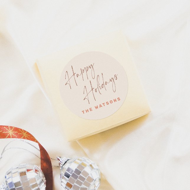 Modern Retro Happy Holidays Family Name Classic Round Sticker (Creator Uploaded)