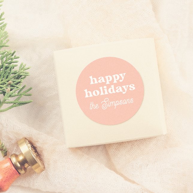 Modern Retro Happy Holidays Pastel Pink Christmas Classic Round Sticker (Creator Uploaded)