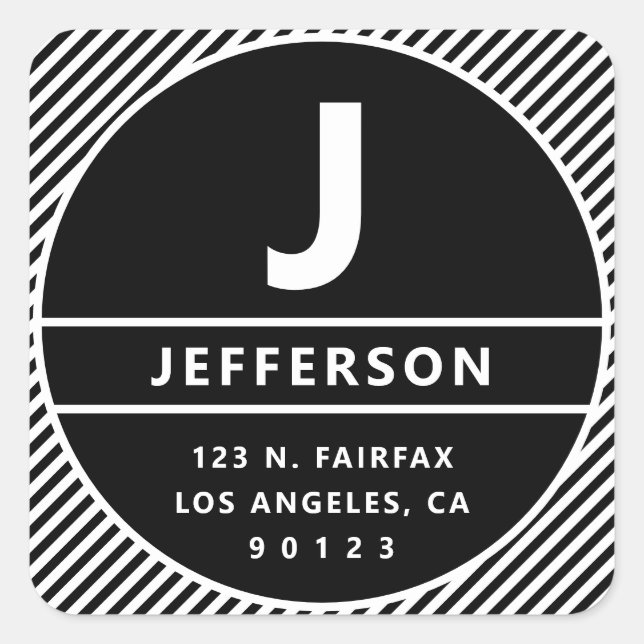 Modern Retro Inspired Return Address & Monogram Square Sticker (Front)