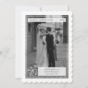 Modern Retro Just Married Stamp QR Code Elopement Announcement