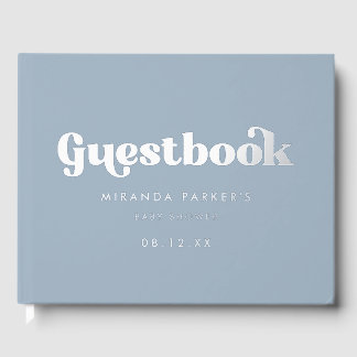 Modern Retro Lettering Blue Baby Shower Party Guest Book