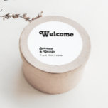 Modern Retro Lettering Wedding Welcome Classic Round Sticker<br><div class="desc">This modern retro lettering wedding welcome classic round sticker is perfect for your unique, trendy simple vintage bohemian summer wedding. The lettering is a stylish black, chic 70's boho font giving this design classic minimal groovy hippie vibes. You can add your own graphics or pictures if you want to customise...</div>