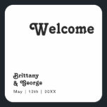 Modern Retro Lettering Wedding Welcome Square Sticker<br><div class="desc">This modern retro lettering wedding welcome square sticker is perfect for your unique, trendy simple vintage bohemian summer wedding. The lettering is a stylish black, chic 70's boho font giving this design classic minimal groovy hippie vibes. You can add your own graphics or pictures if you want to customise it....</div>