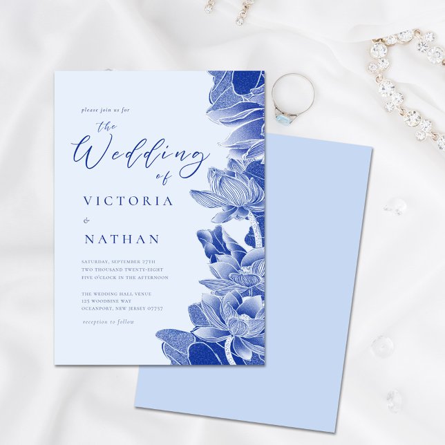 Modern Retro Light Blue Chinoiserie Floral Wedding Invitation (Creator Uploaded)