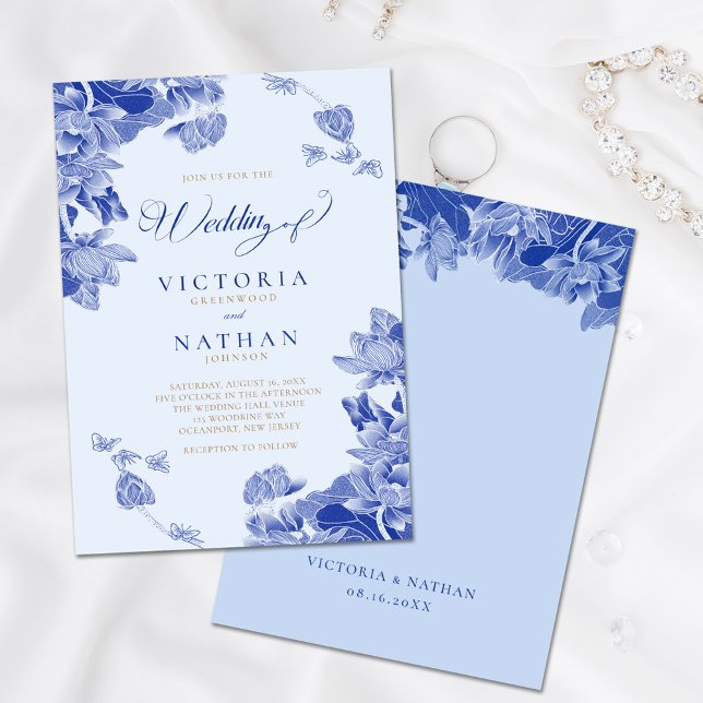Modern Retro Light Blue Chinoiserie Wedding  Invitation (Creator Uploaded)